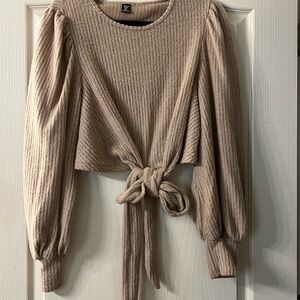 Beige Ribbed Cropped Knit Tie-Front Sweater SHEIN